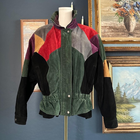 Vintage Jackets & Blazers - Vintage 80s 90s Colorful Patchwork‎ Leather Bomber Jacket Made in Korea Size L